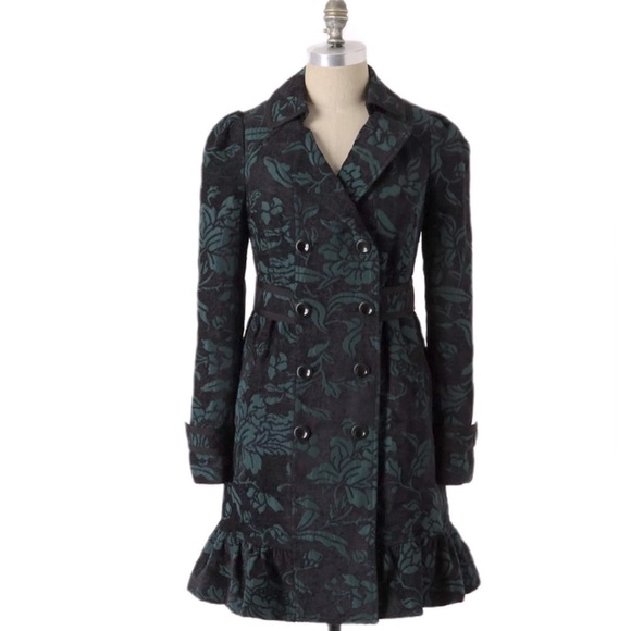 Anthropologie Elevenses Teal Floral Brocade Ruffled Victorian Velvet Peacoat 4 - Picture 3 of 9